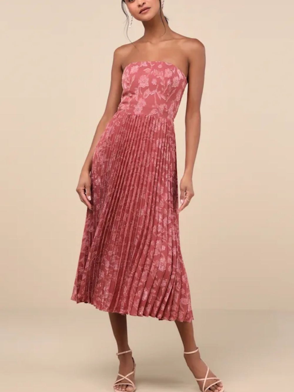 Lulu's Dusty Rose Strapless Pleated Midi Dress